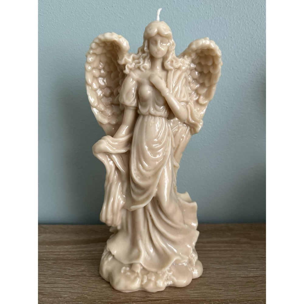 Beautiful Large Carved Angel Candle 11" Ivory Color Winged Angel New NOS